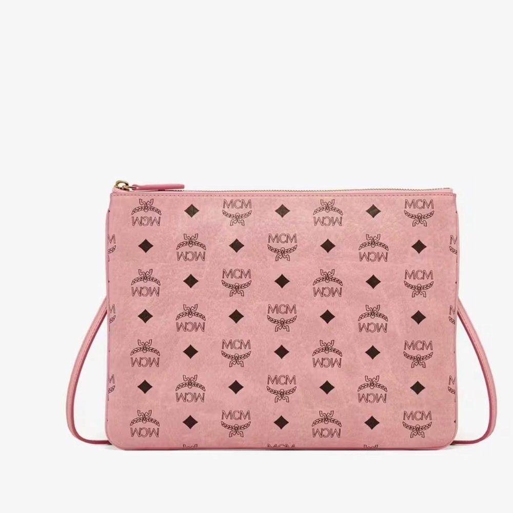 MCM Blush Pink Visetos monogram canvas zip pouch with leather crossbody strap